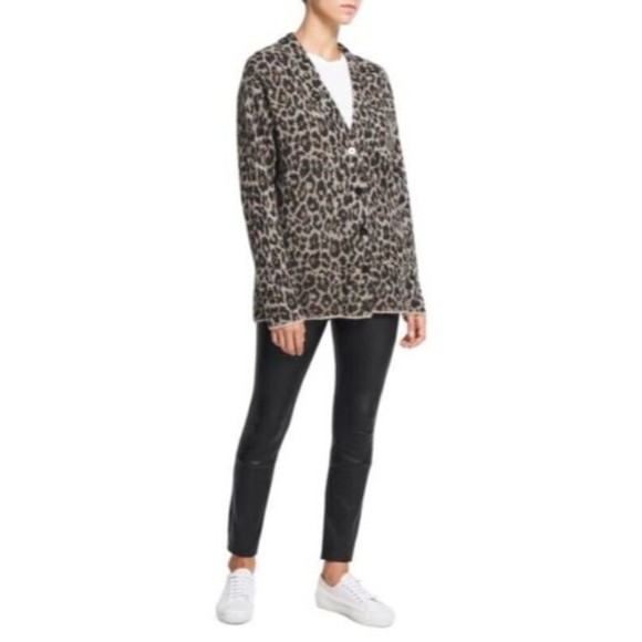 NEW THEORYsize L Leopard Print Jacquard Cardigan Alpaca Blend Button $395